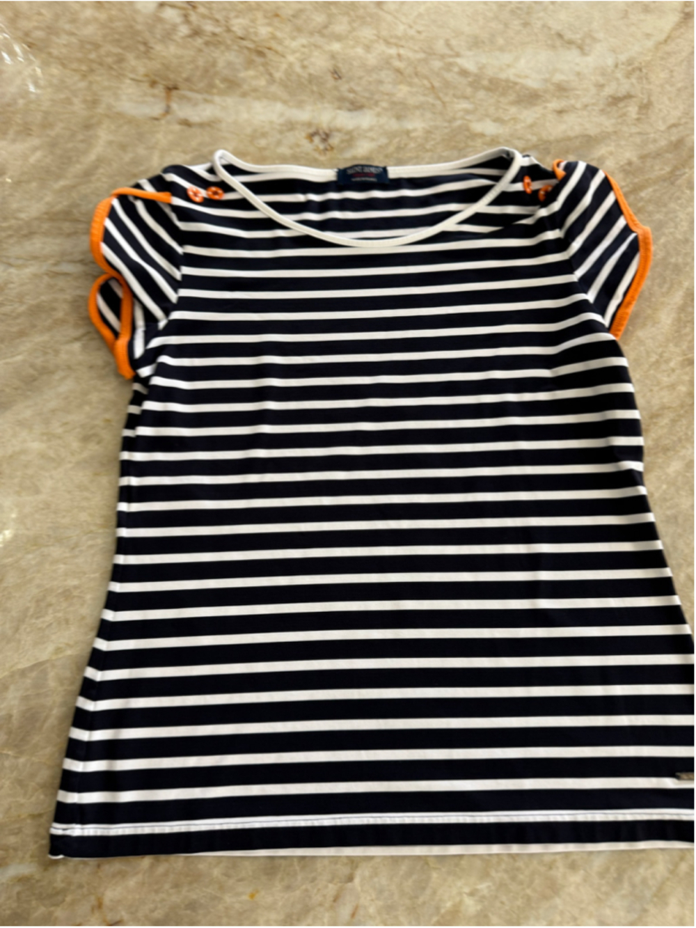 Saint James Striped Short Sleeve performance Tee Navy White with orange Size 8